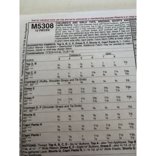 McCalls Sewing Pattern M5308 Girls Tops Dresses Shorts Capris Summer 6 7 8 Uncut