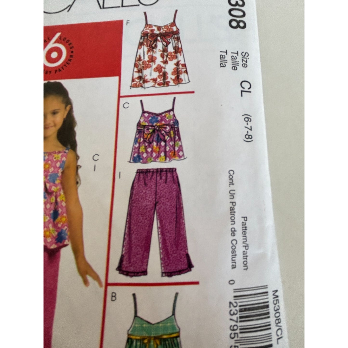 McCalls Sewing Pattern M5308 Girls Tops Dresses Shorts Capris Summer 6 7 8 Uncut