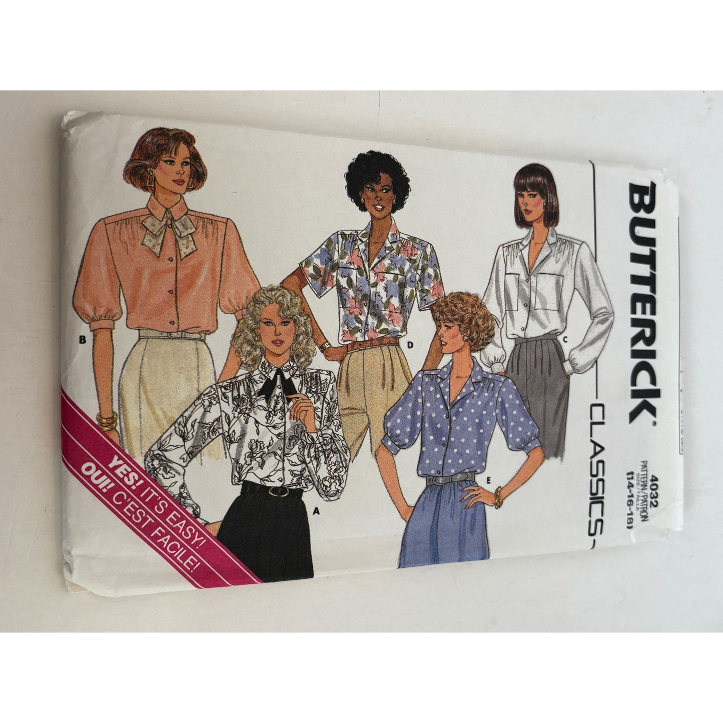Butterick Sewing Pattern 4032 Misses Loose Fitting Blouses Sizes 14-18 1980s UC