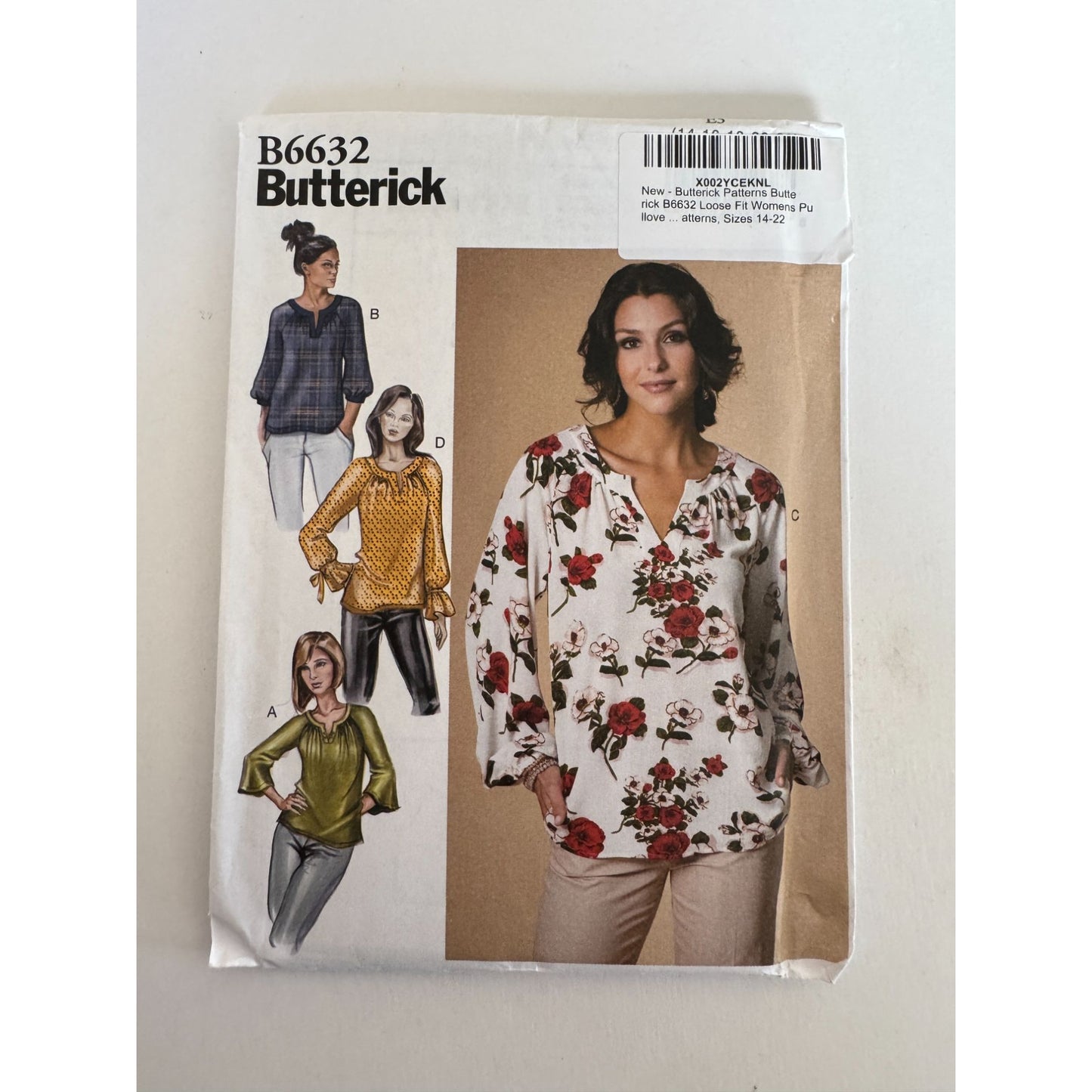 Butterick B6632 Boho Peasant Blouse Sewing Pattern Uncut Tunic Raglan Sleeve Top 14-22