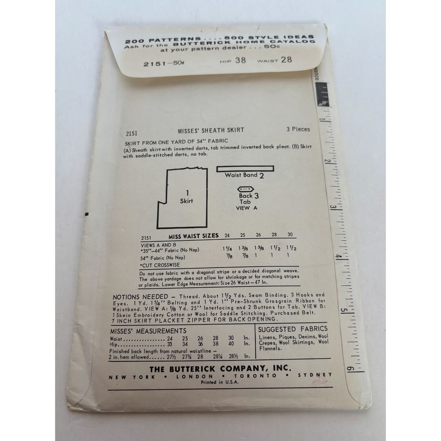 Butterick Sewing Pattern 2151 Sheath Skirt Quick Easy 1960s Vintage Cut Complete