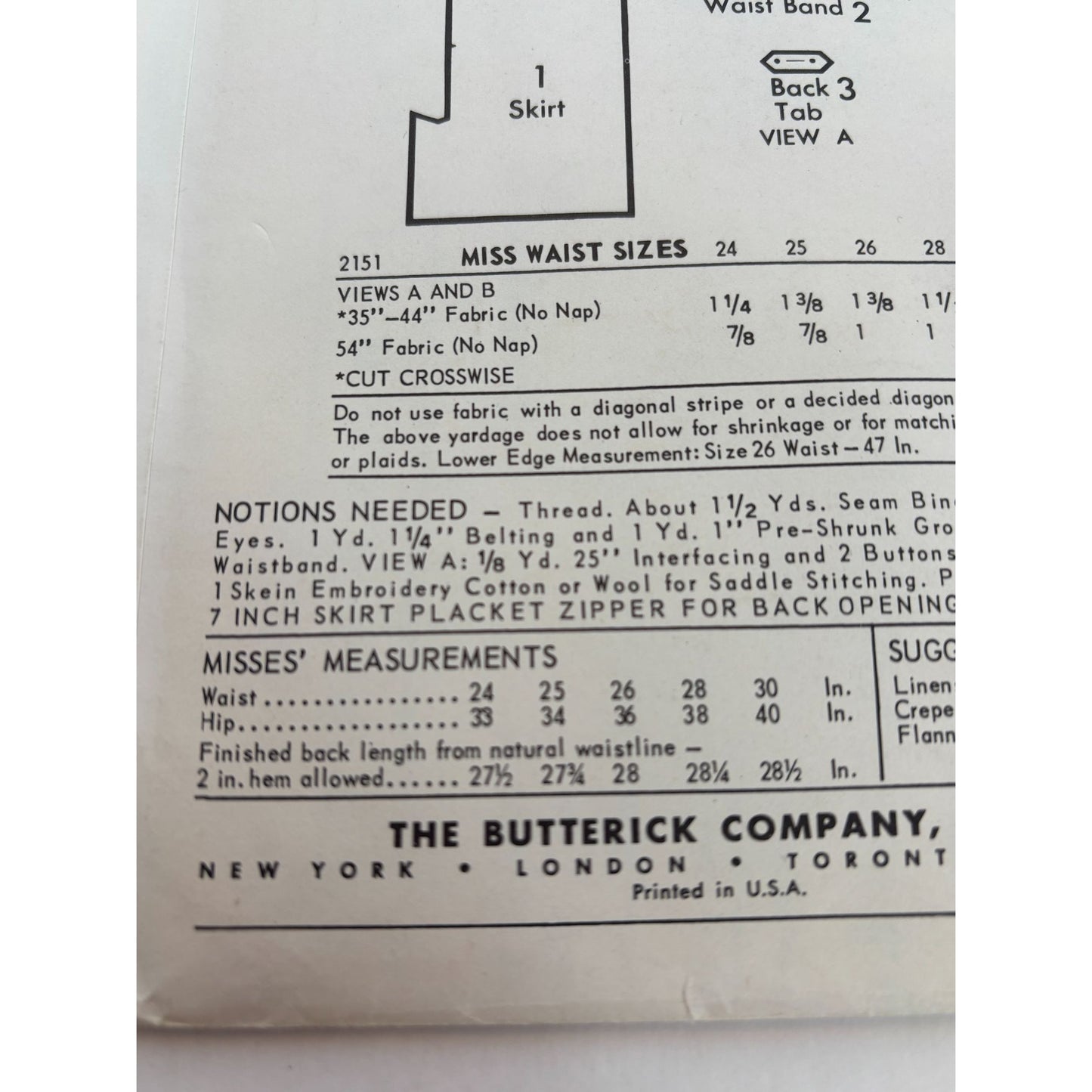 Butterick Sewing Pattern 2151 Sheath Skirt Quick Easy 1960s Vintage Cut Complete
