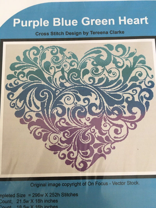 Artecy Counted Cross Stitch Pattern Purple Blue Green Heart Love Swirl Modern Romantic 11648
