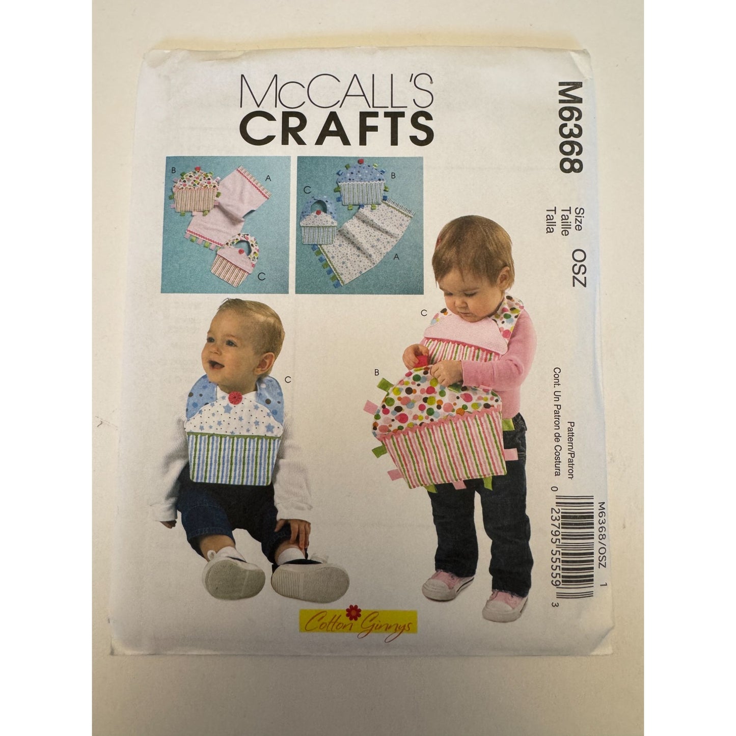 McCalls Crafts Sewing Pattern M6368 Baby Burp Cloth Ribbon Toy Bib Cupcake Uncut