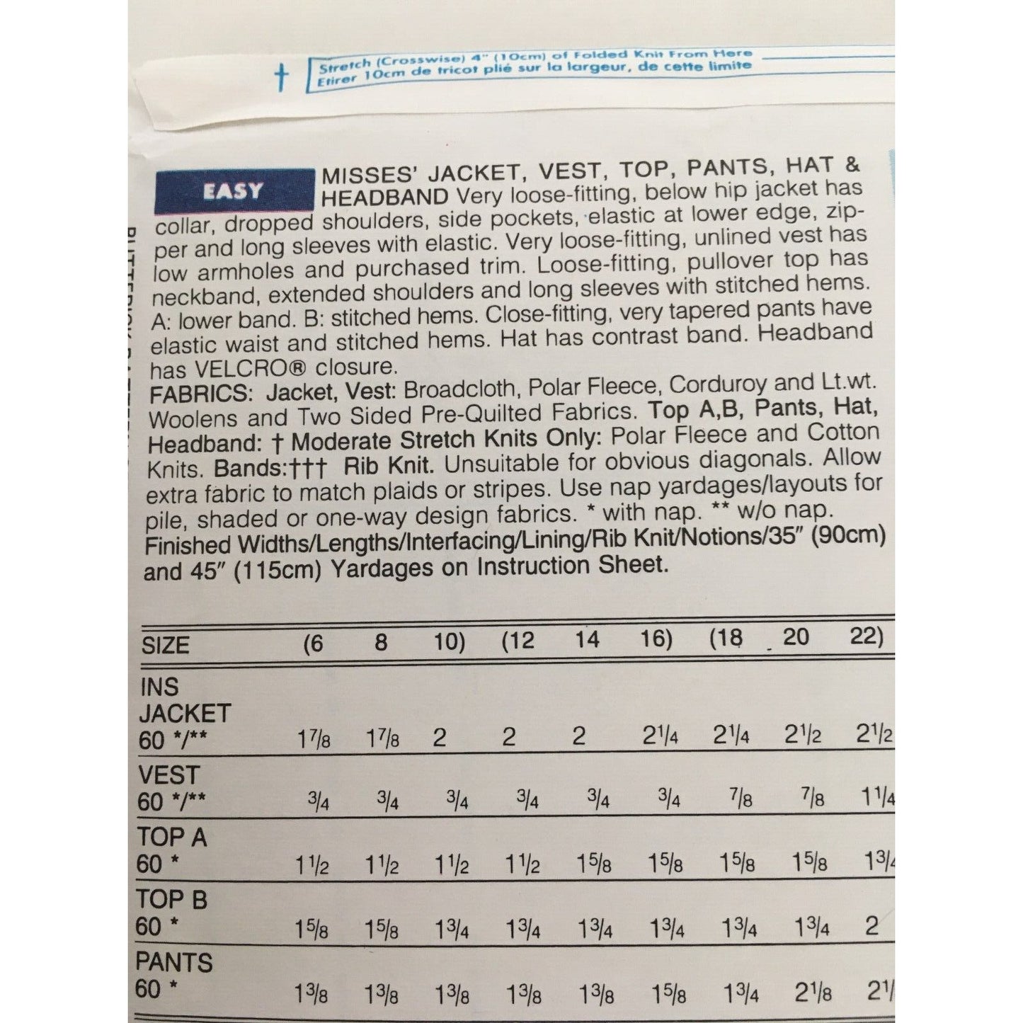 Butterick Sewing Pattern 3565 Misses Jacket Vest Top Pants Hat Headband 12-16 UC