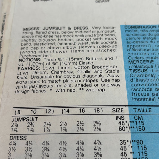 Butterick Sewing Pattern 3277 Misses Jumpsuit and Dress CUT to size 12