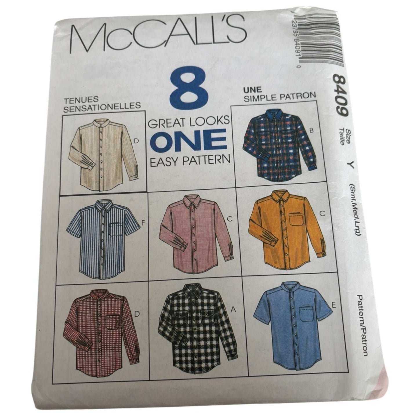 McCalls Sewing Pattern 8409 Mens Shirt Front Button Down Casual 8 Styles S M L