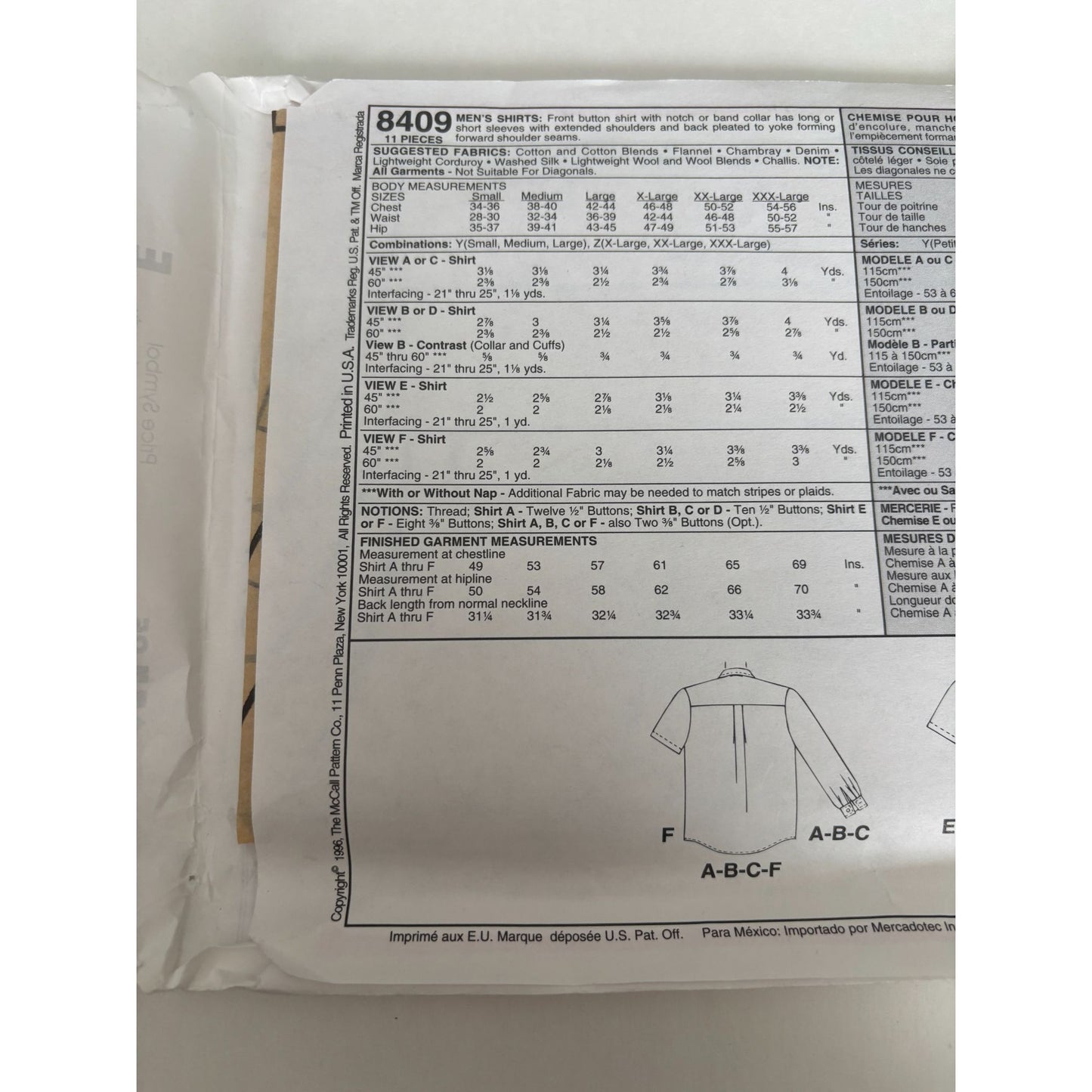 McCalls Sewing Pattern 8409 Mens Shirt Front Button Down Casual 8 Styles S M L