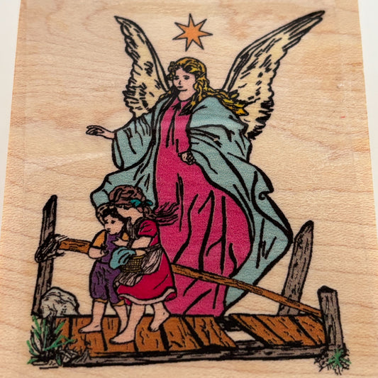 Guardian Angel Wooden Rubber Stamp Kids on Bridge Catholic Religious Christian