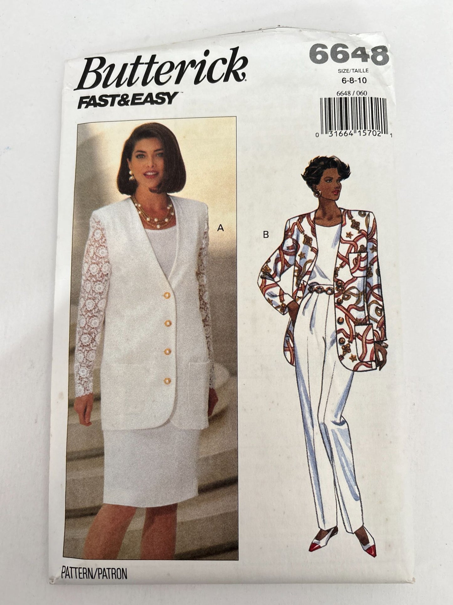 Butterick Sewing Pattern 6648 Jacket Skirt Suit Pants 90s Work Easy Uncut 6 8 10