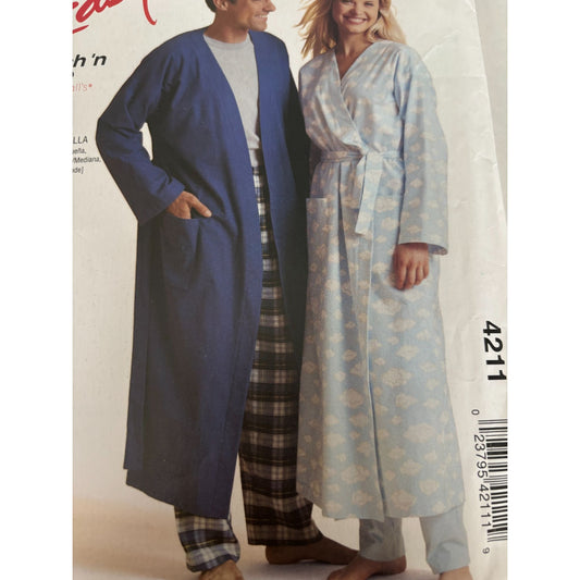 McCalls Sewing Pattern 4211 Misses Mens Teen Boys Robe Pajamas Pants S-L Uncut