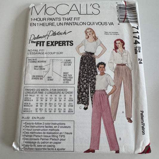 McCalls Sewing Pattern 7174 Misses Pants Work High Waist Easy Plus Size 24 Uncut