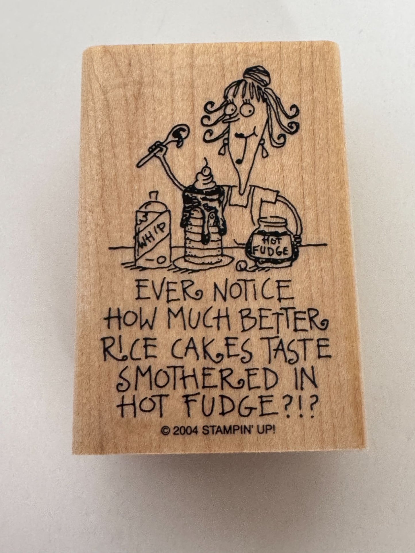 Stampin Up Rubber Stamp Funny Diet Rice Cakes Smothered in Hot Fudge Food Humor