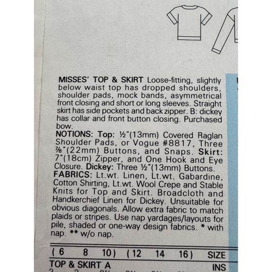 Vogue Sewing Pattern 9340 Misses Work Top Dickey Straight Skirt 6 8 10 1980s UC