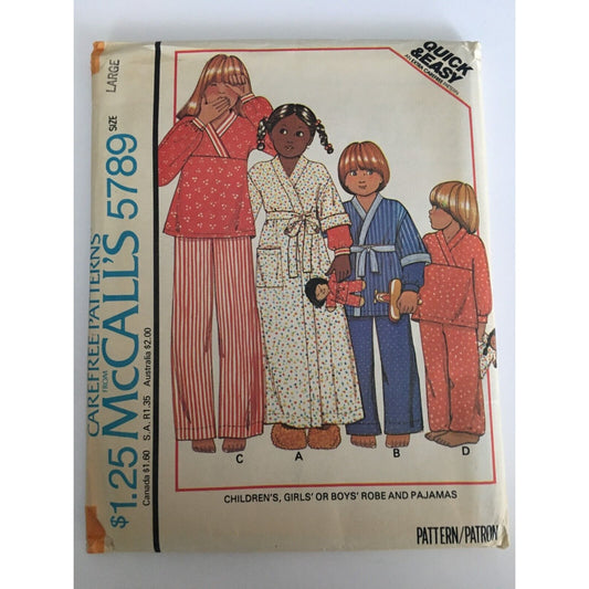 McCalls Sewing Pattern 5789 Girls Boys Robe Pajamas Sleepwear Sz Large 12-14 UC