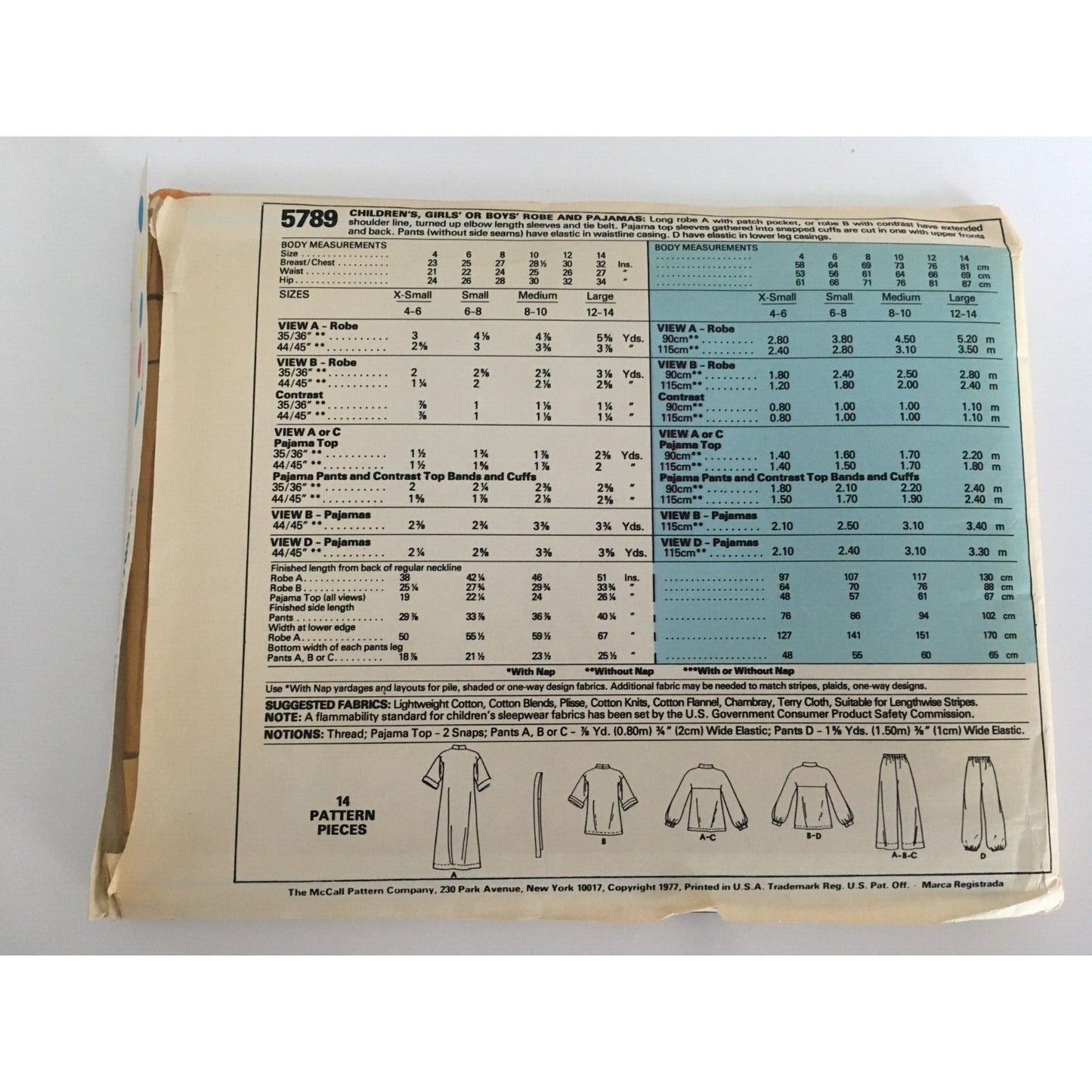 McCalls Sewing Pattern 5789 Girls Boys Robe Pajamas Sleepwear Sz Large 12-14 UC