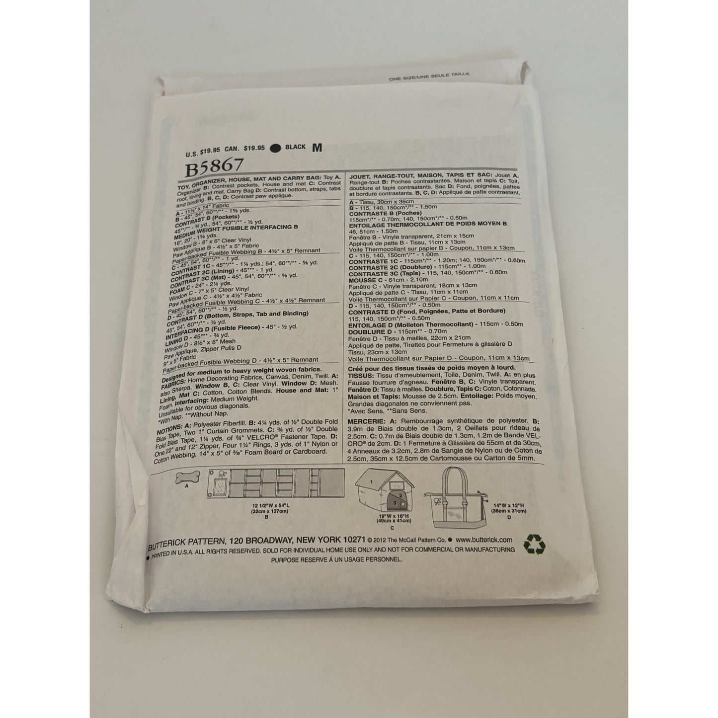 Butterick Waverly Sewing Pattern B5867 Dog House Pet Toy Organizer Tote Bag UC