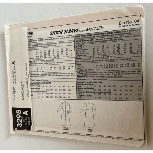 McCalls Stitch N Save Sewing Pattern 3298 A-Line Dress Long Sleeve Pockets 8-14