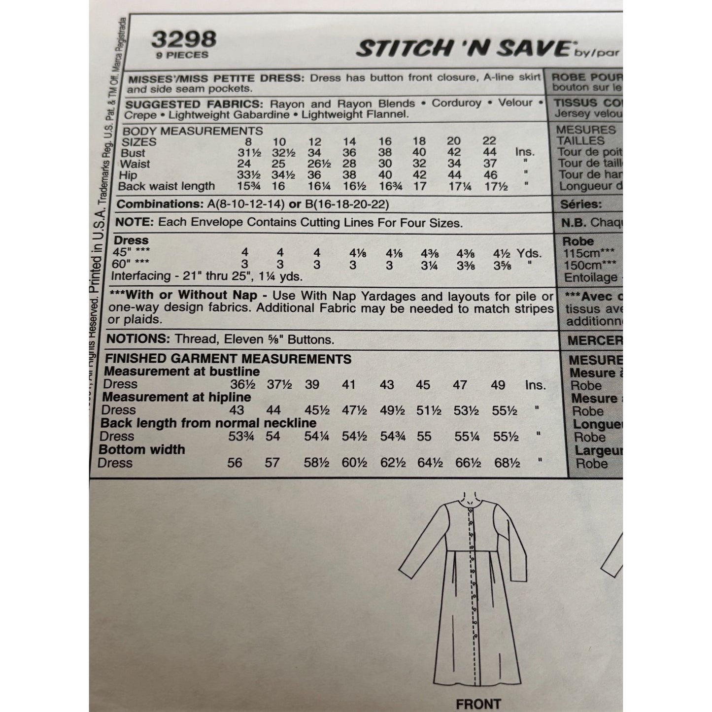 McCalls Stitch N Save Sewing Pattern 3298 A-Line Dress Long Sleeve Pockets 8-14