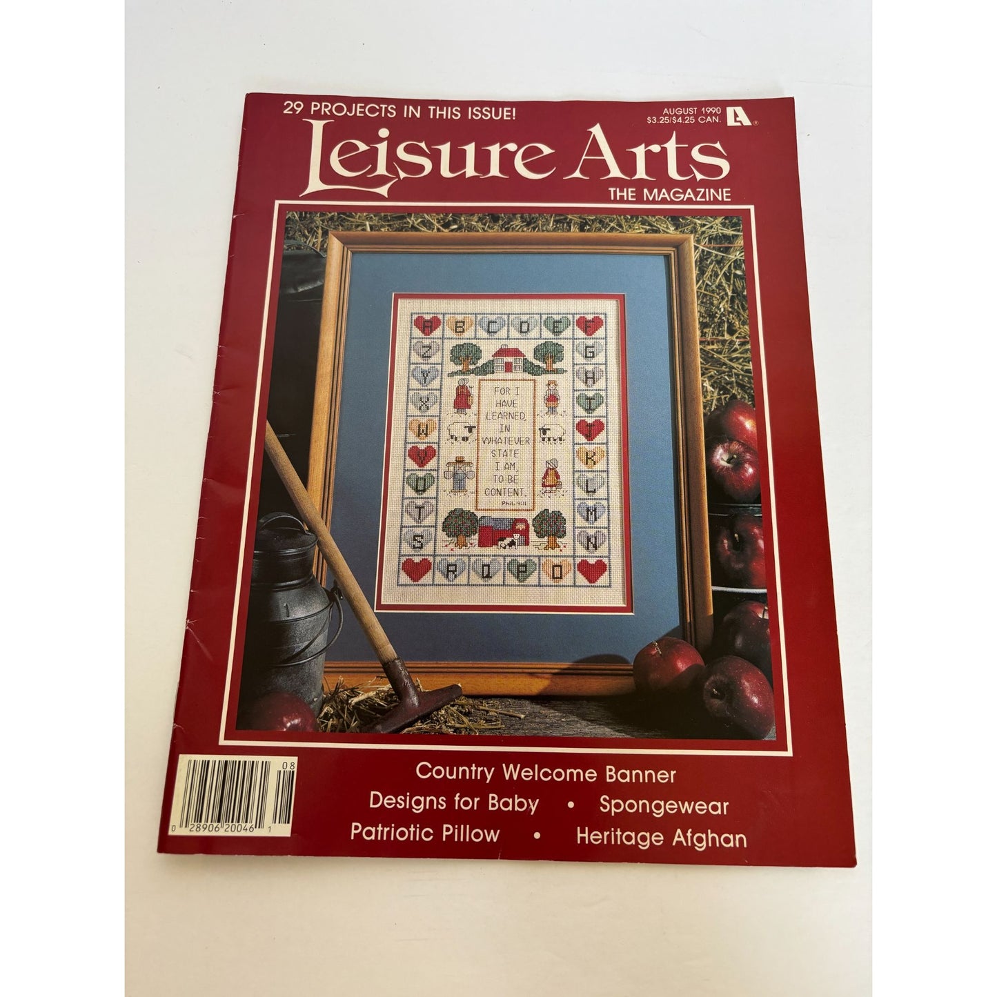 Leisure Arts Magazine August 1990 Cross Stitch Bible Verse Patriotic Pillow Flag