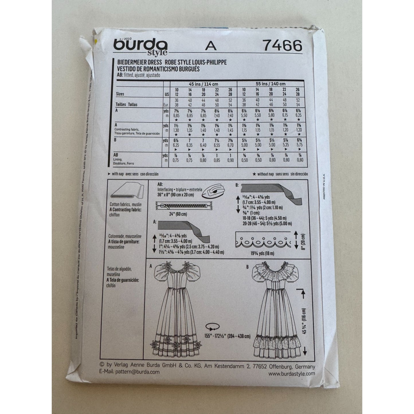 Burda Sewing Pattern 7466 Biedermeier Dress Romantic Louis-Philippe Costume UC