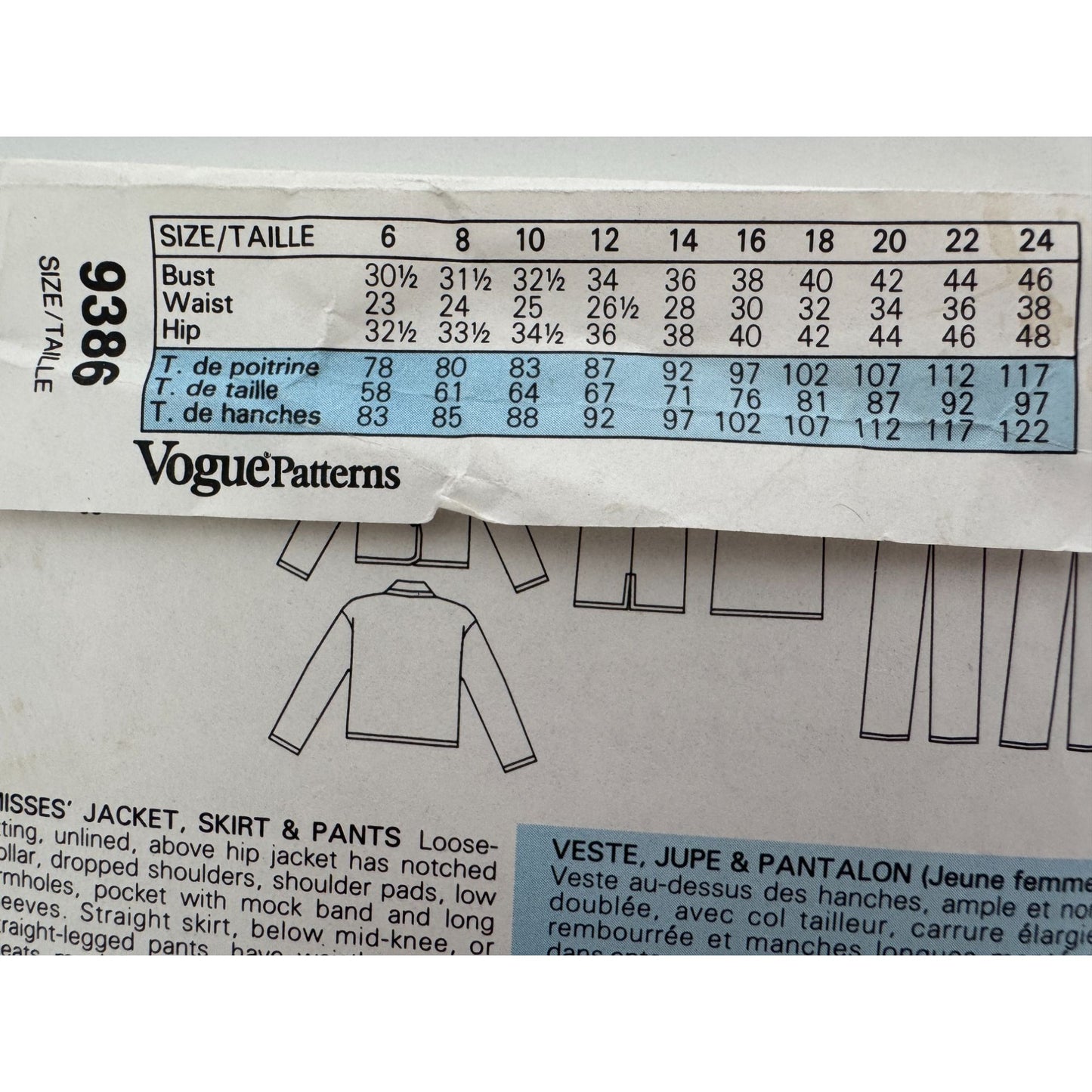 Vogue Sewing Pattern 9386 Misses Jacket Skirt Pants 1980s Fashion 14 16 18 Uncut