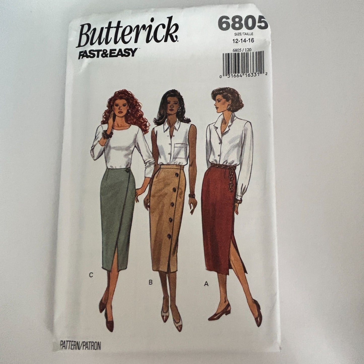 Butterick Sewing Pattern 6805 Straight Pencil Skirt Midi Corporate Core 1990s 12-16 Uncut