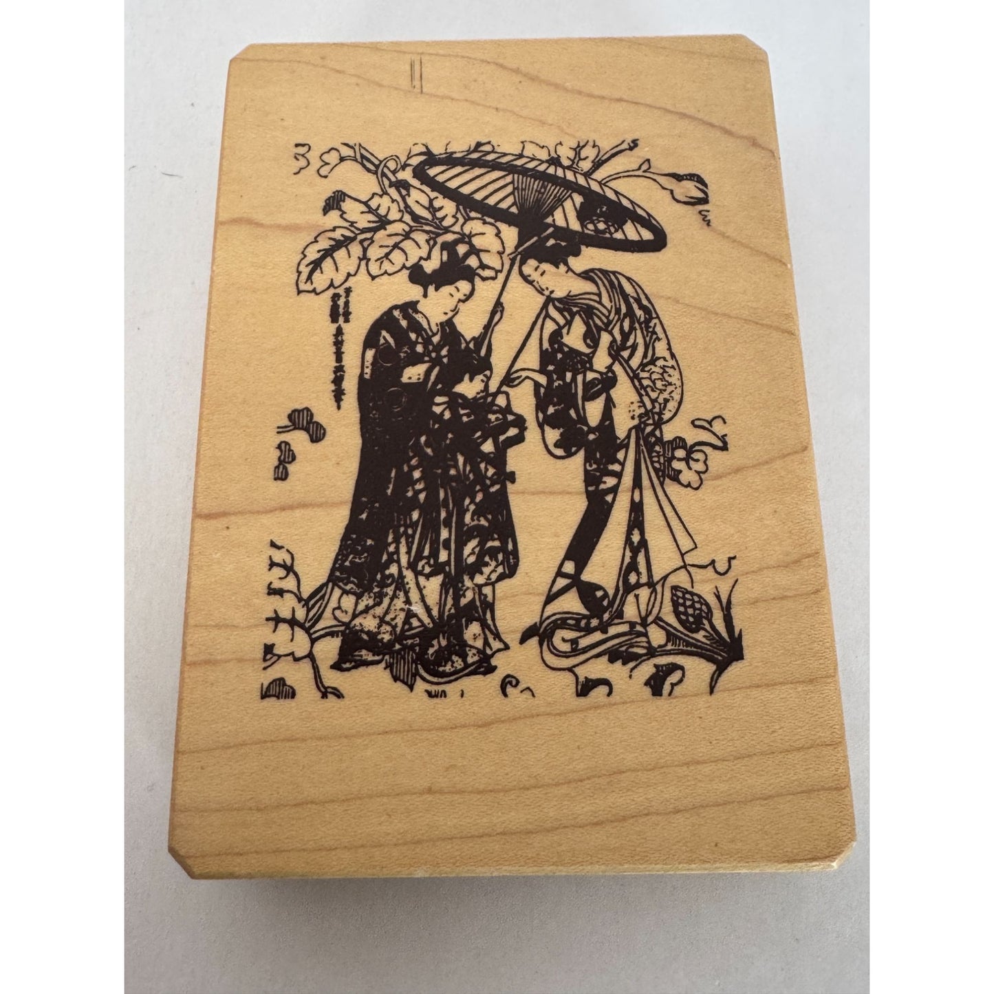 Inkadinkado Wood Rubber Stamp Japanese Geisha Scene Asian Women Umbrella Ornate