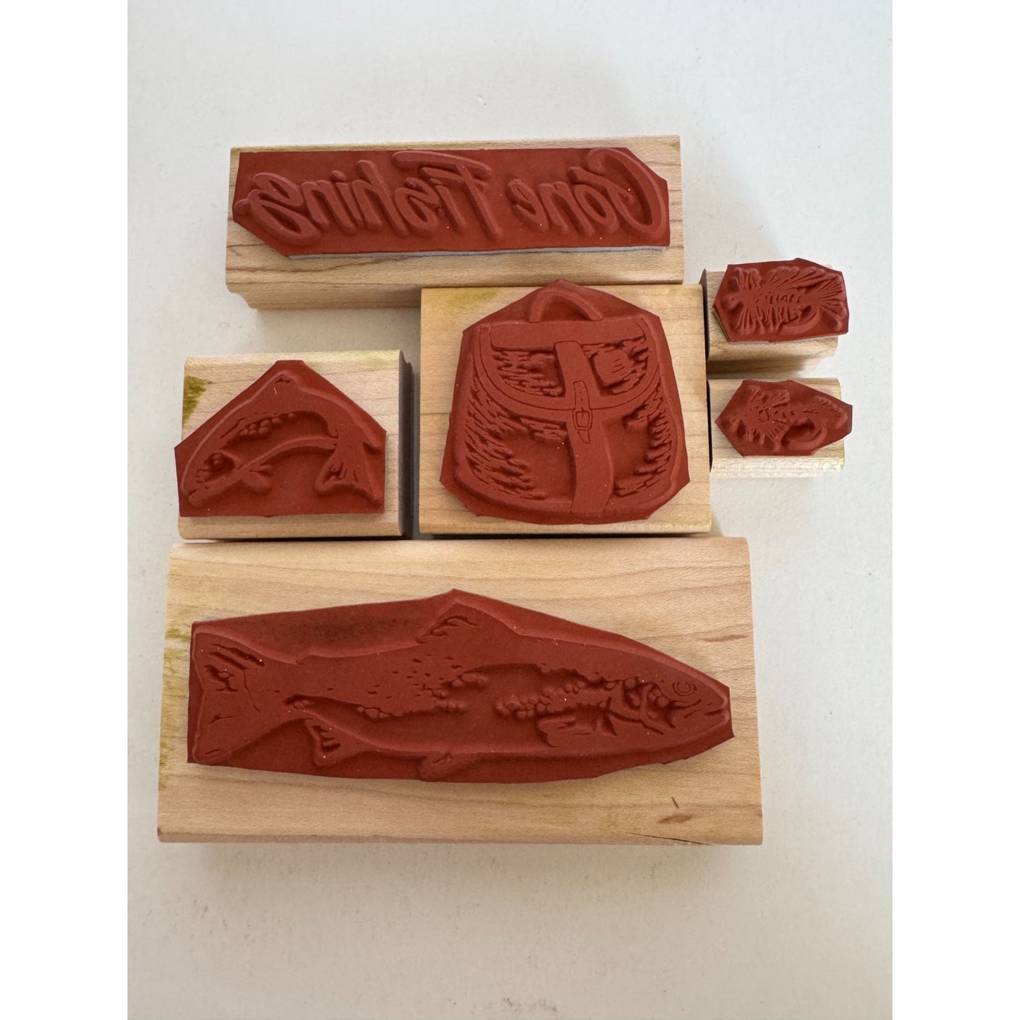 Stampin Up Rubber Stamp Set Gone Fishing Tackle Fish Hook Trout Fathers Day Dad