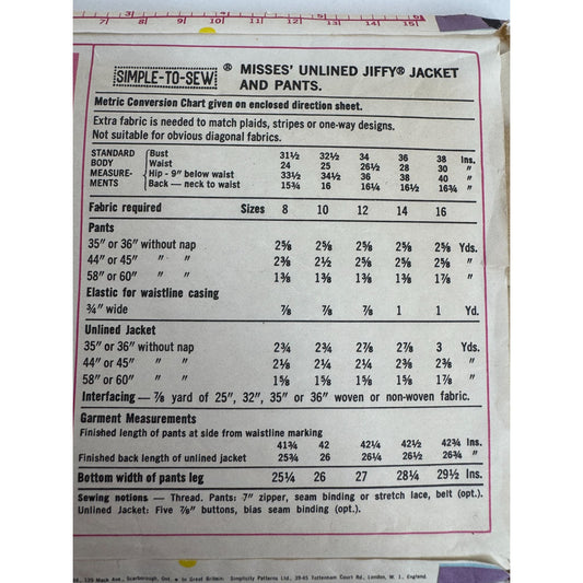 Simplicity Sewing Pattern 6529 Unlined Jiffy Jacket Pants Vintage 1970s UC 14