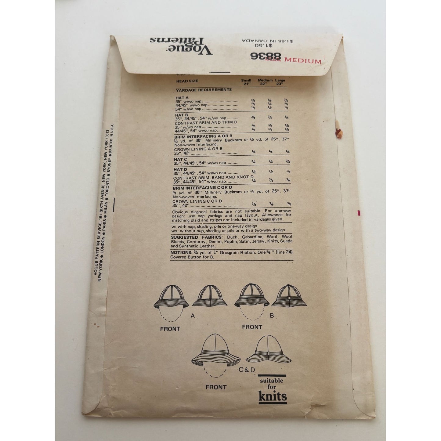 Vogue Sewing Pattern 8836 Stitched Brim Hat Medium Vintage 1970s Accessory Uncut