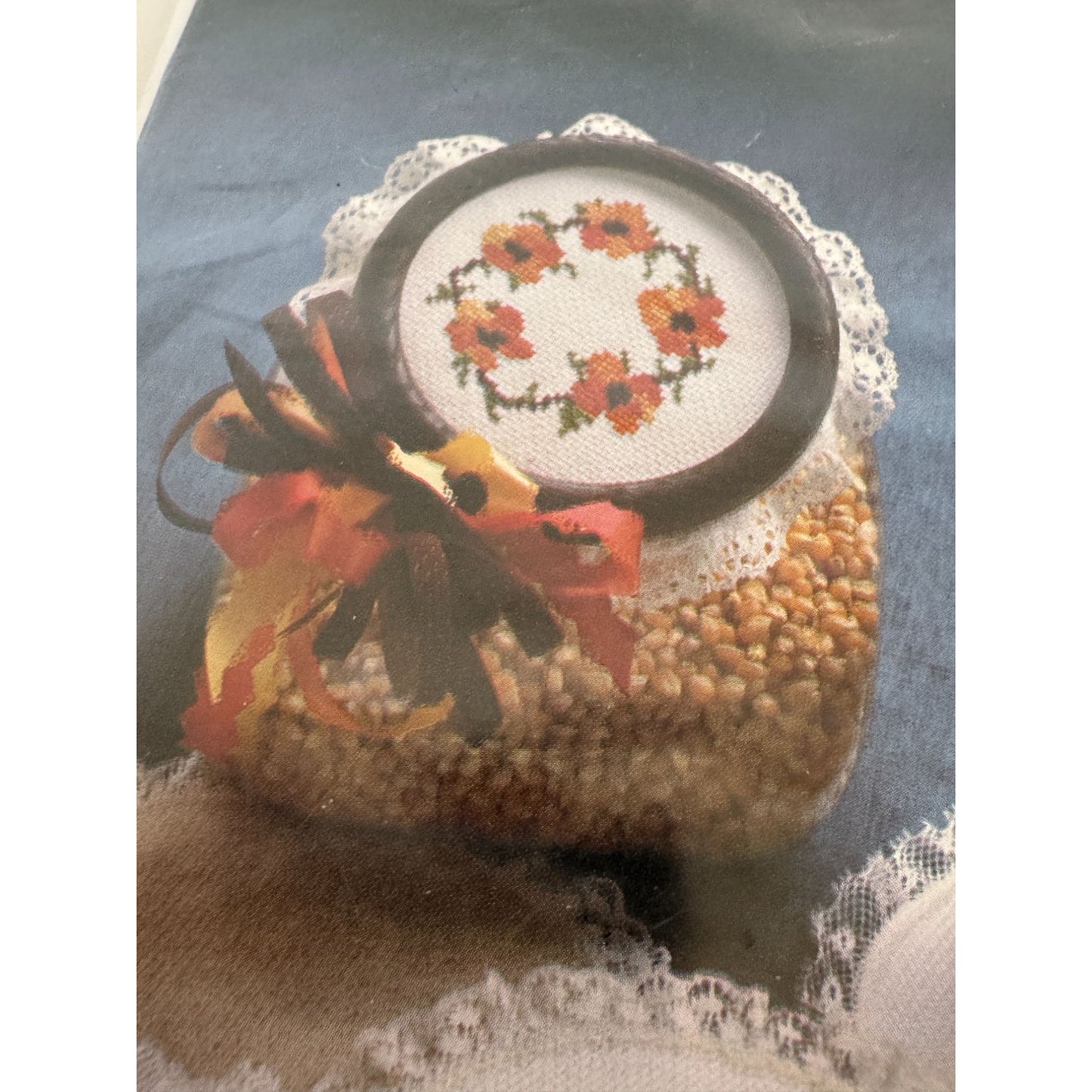 Spinning Wheel Cross Stitch Pattern White Country Keeper Skirt Jar Lid Cover Top