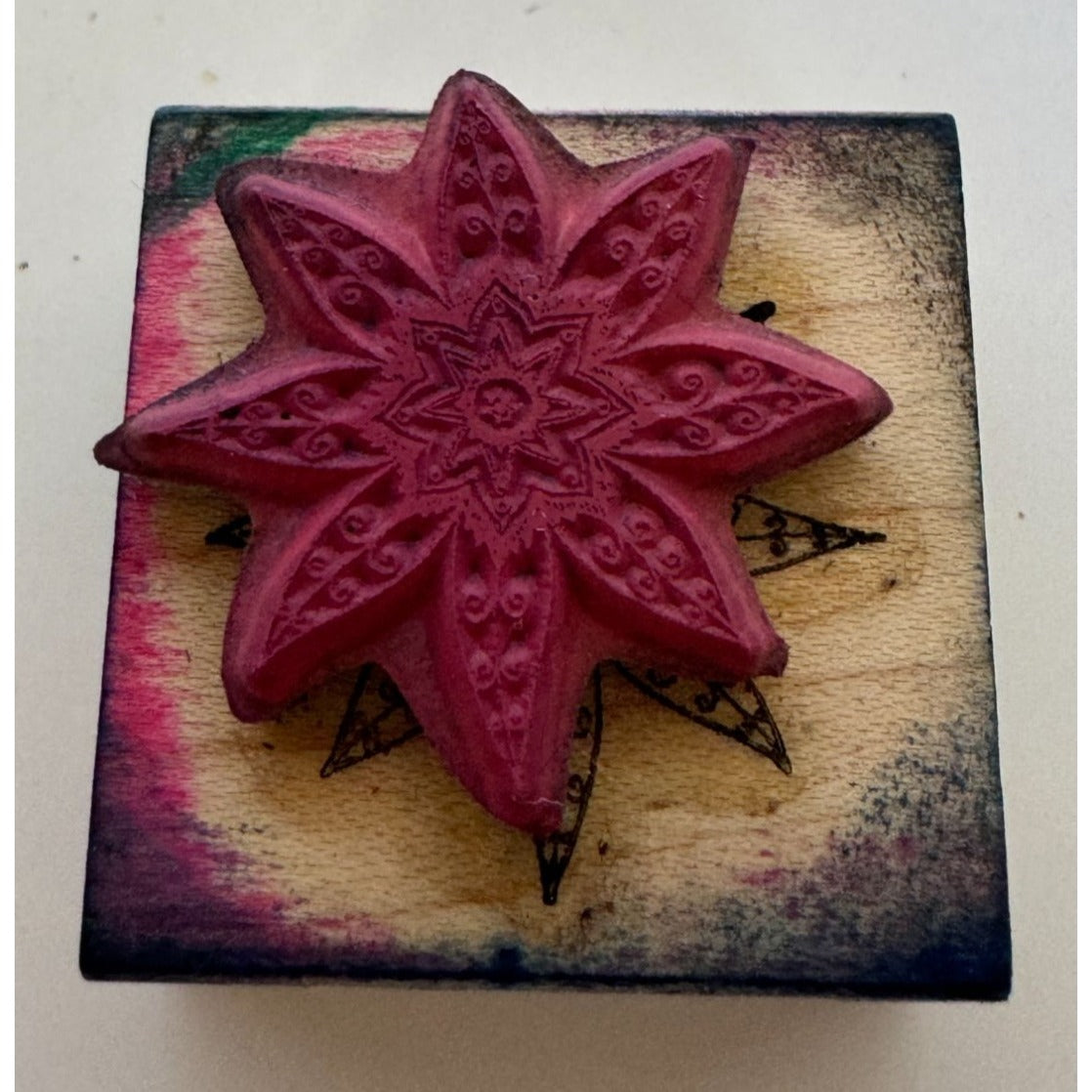 Outlines Rubber Stamp Star Flower Design Feather Kaleidoscope Center 1.25 inch