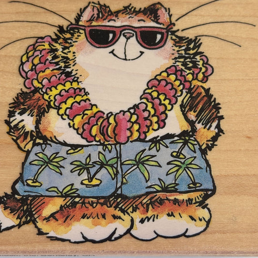 Penny Black Rubber Stamp Aloha Cat in Sunglasses Hawaiian Lei Summer Vacation