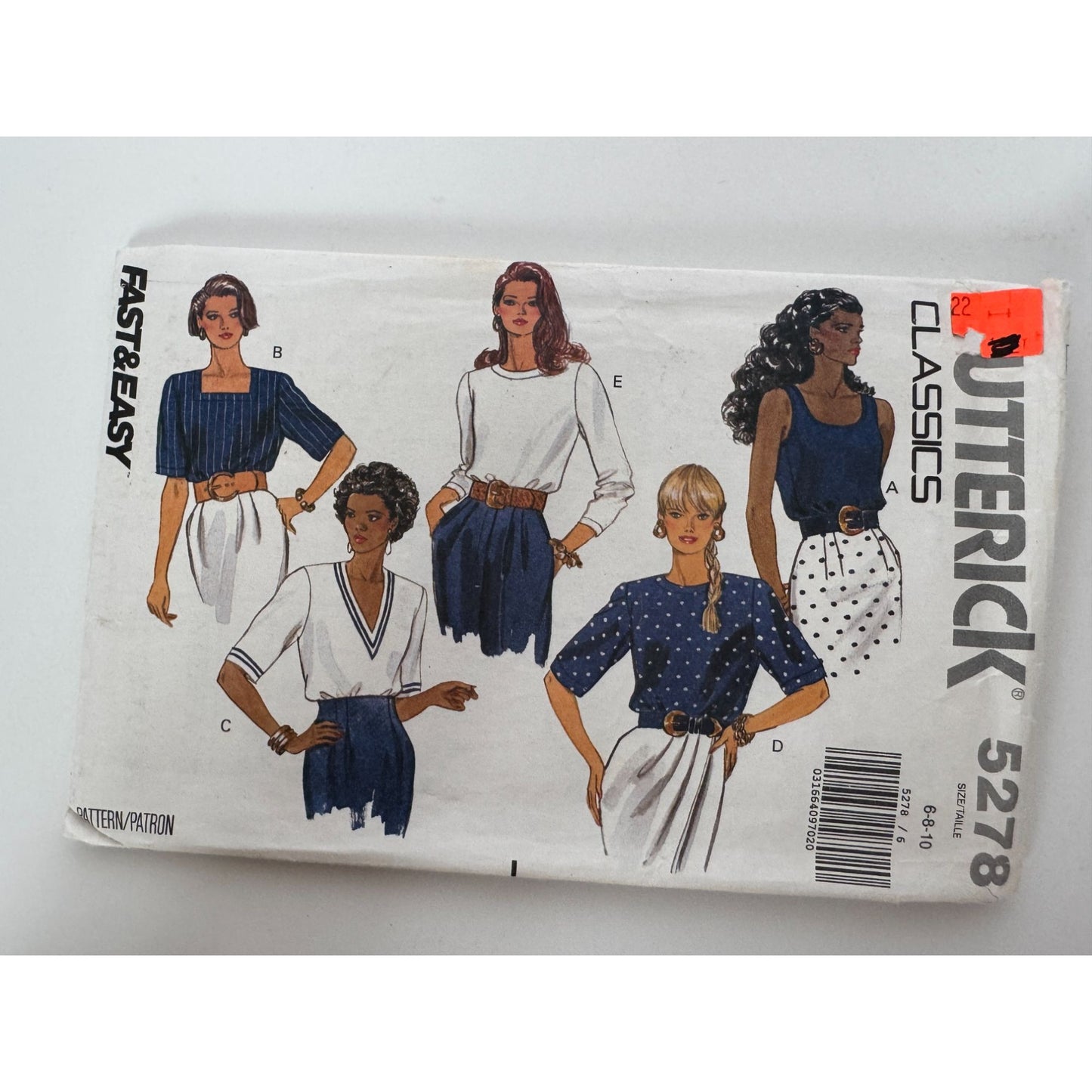 Butterick Sewing Pattern 5278 Tops Shirts Neckline Variations 6 8 10 Easy Uncut