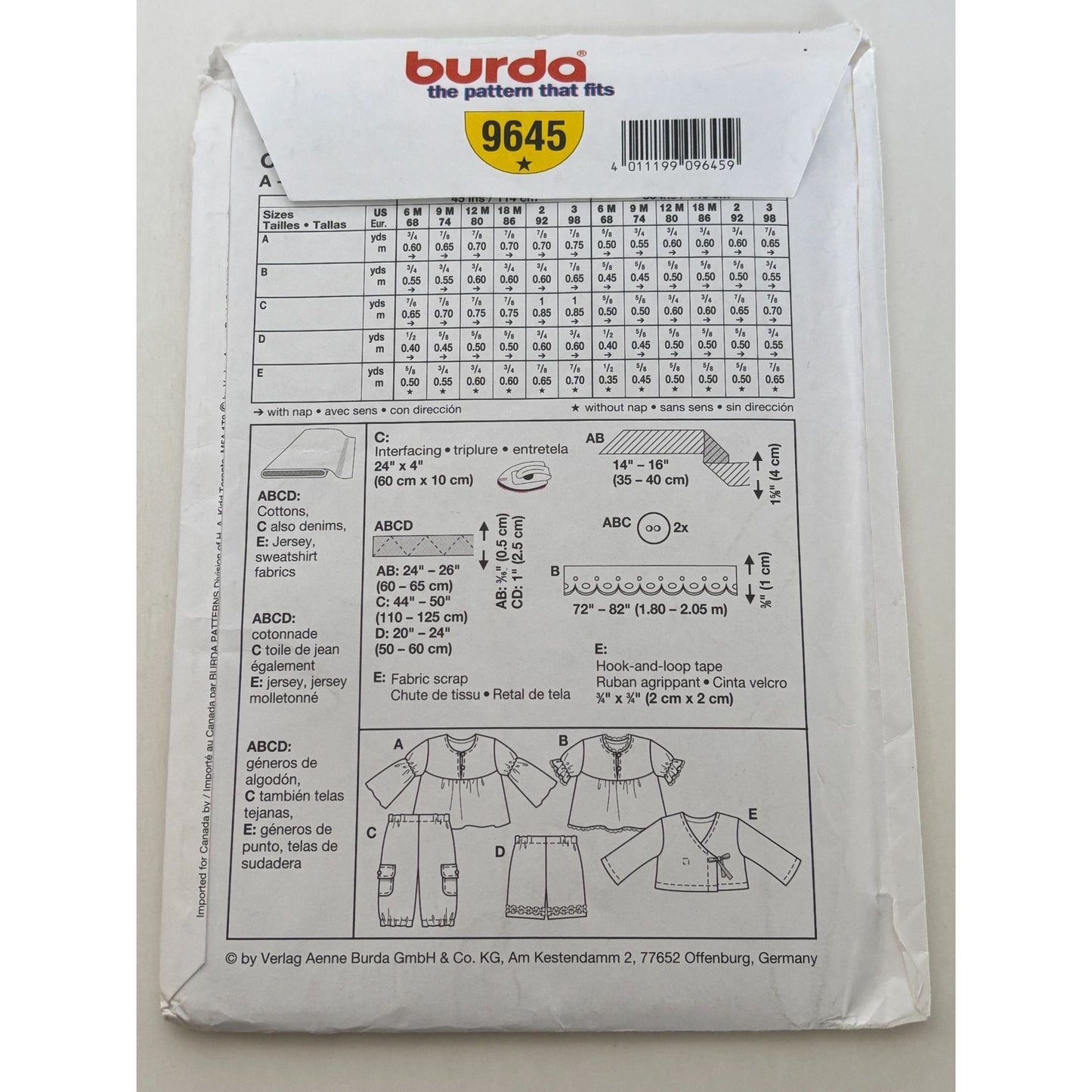 Burda Sewing Pattern 9645 Baby Toddler Girl Shirt Pants Outfit Easy 6M-3T Uncut