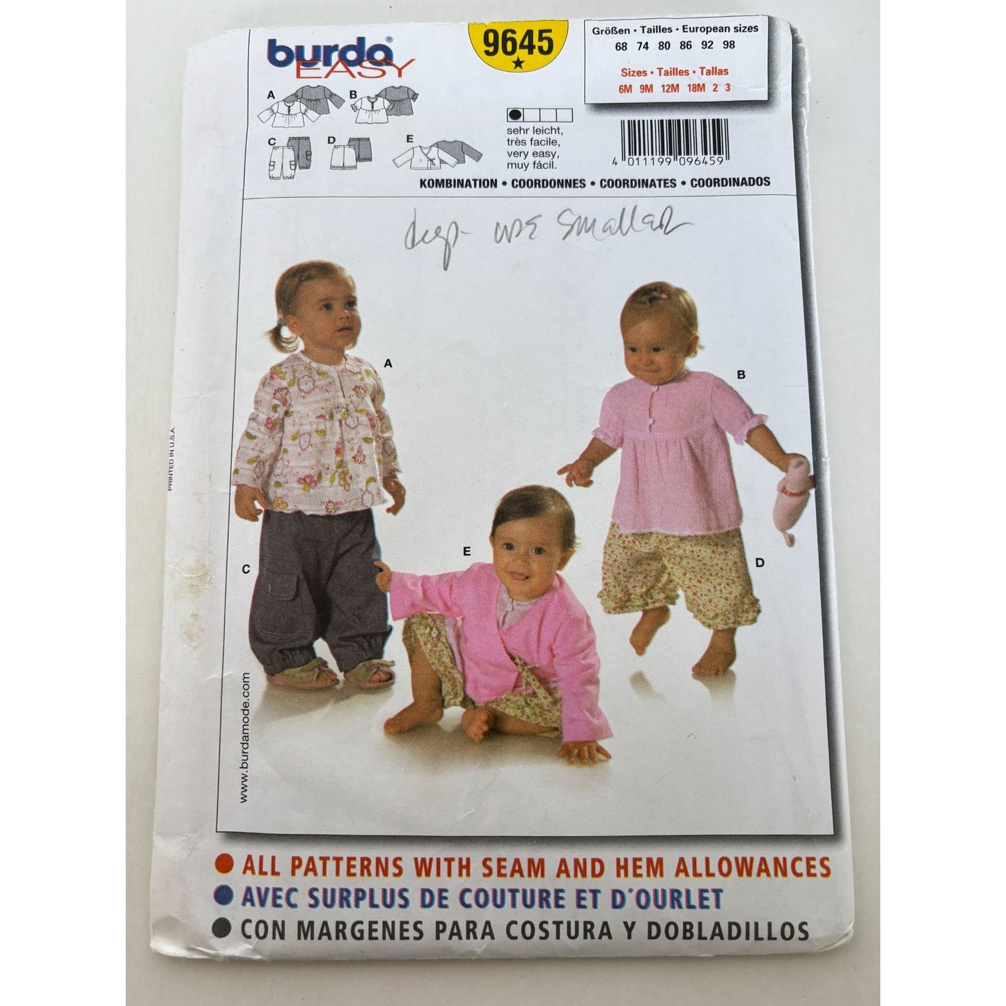 Burda Sewing Pattern 9645 Baby Toddler Girl Shirt Pants Outfit Easy 6M-3T Uncut