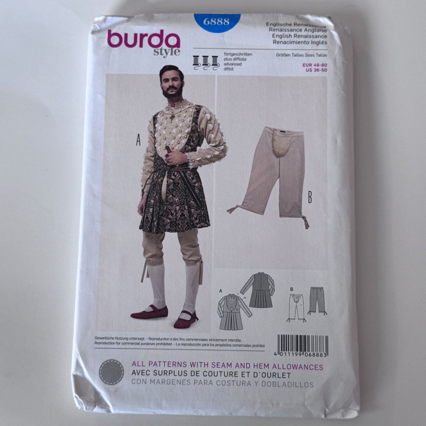 Burda Sewing Pattern 6888 English Renaissance Doublet Mens Tudor Costume Elizabethan Outfit 36-50 Uncut