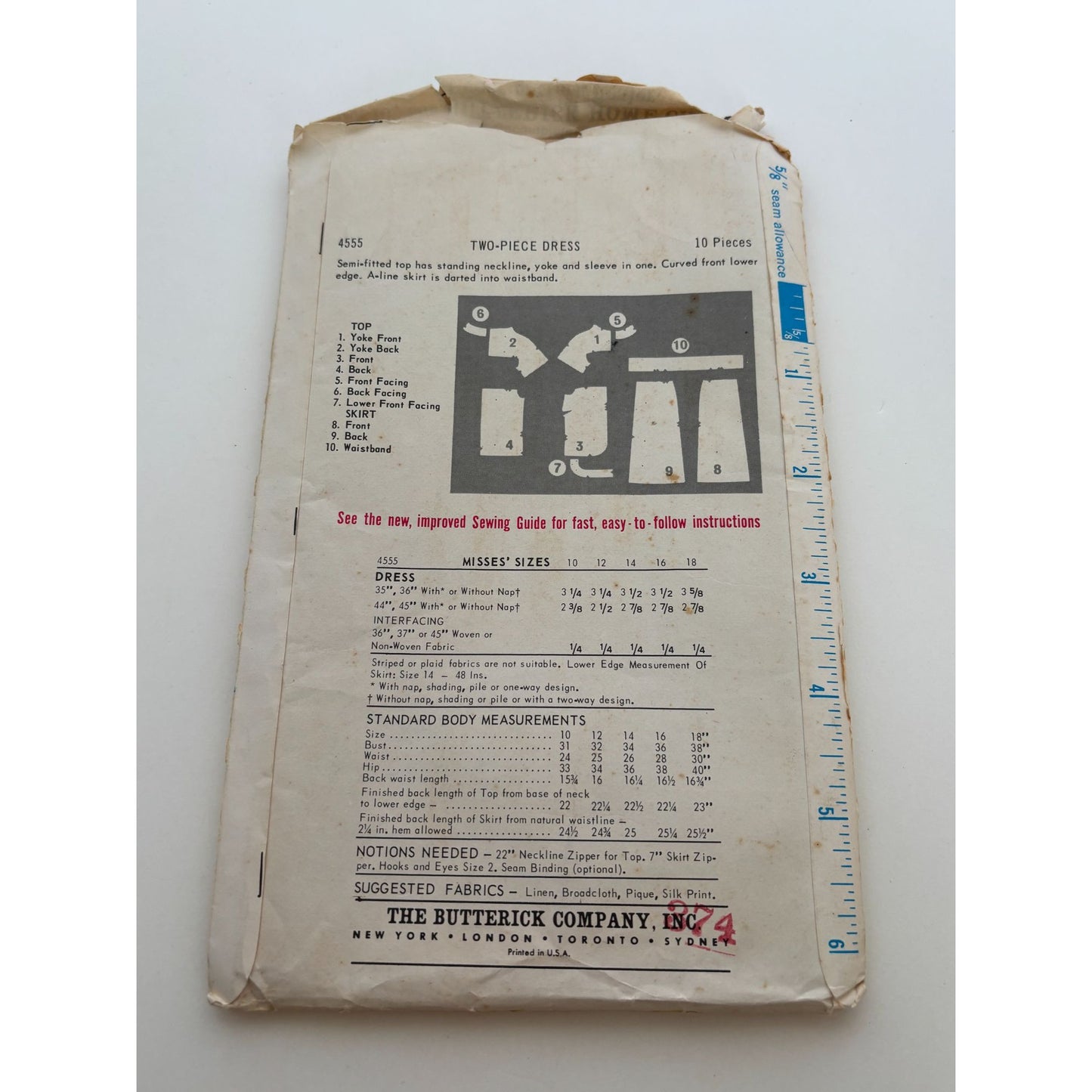 Butterick Sewing Pattern 4555 Misses Dress Vintage 1960s Size 16 Bust 36 Uncut