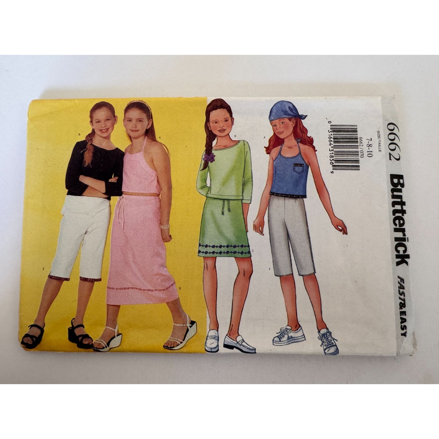 Butterick 6662 Girls Y2K Sewing Pattern Halter Top Skirt Capri Pants Outfit 7-10 Uncut