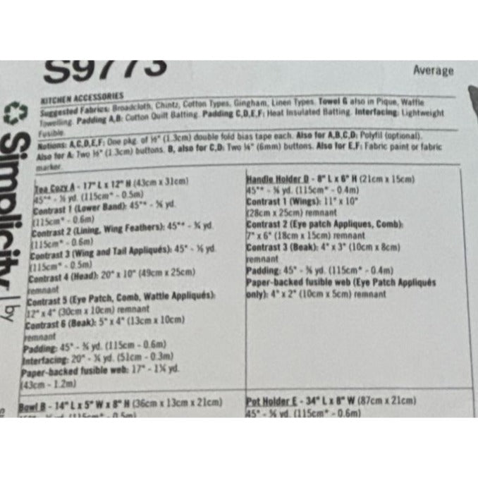 Simplicity Sewing Pattern S9773 Chicken Kitchen Accessories Tea Cozy Dish Towel