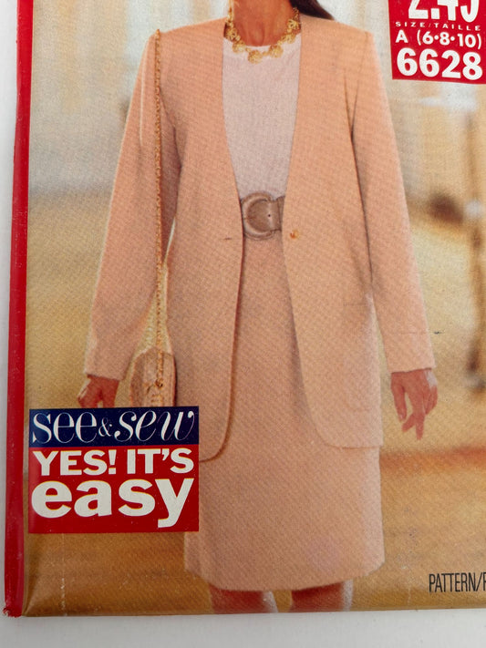 Butterick Sewing Pattern 6628 Jacket Skirt Suit Set 1990s Vintage Easy 6 8 10 UC