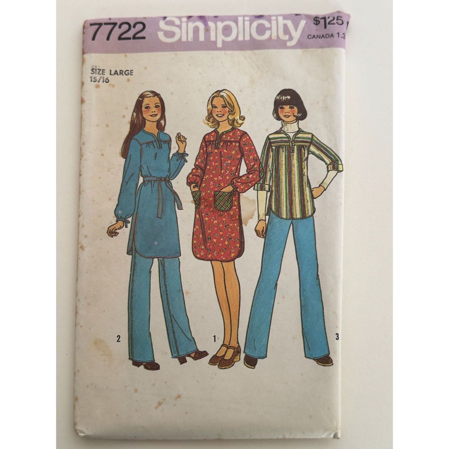 Simplicity Sewing Pattern 7722 Vintage 1970s Juniors Teen Dress Top Large 15/16
