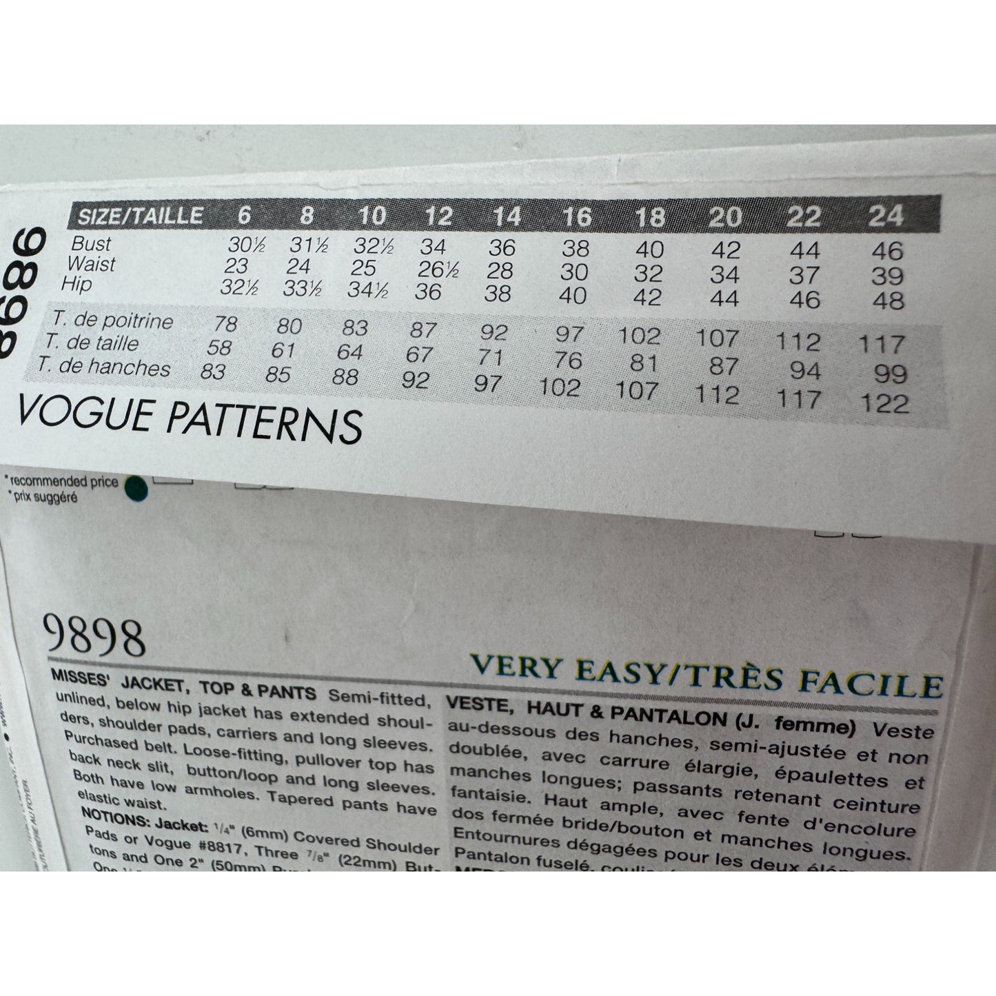 Vogue Sewing Pattern 9898 Misses Jacket Top Pants Work Outfit Size 6 8 10 Uncut