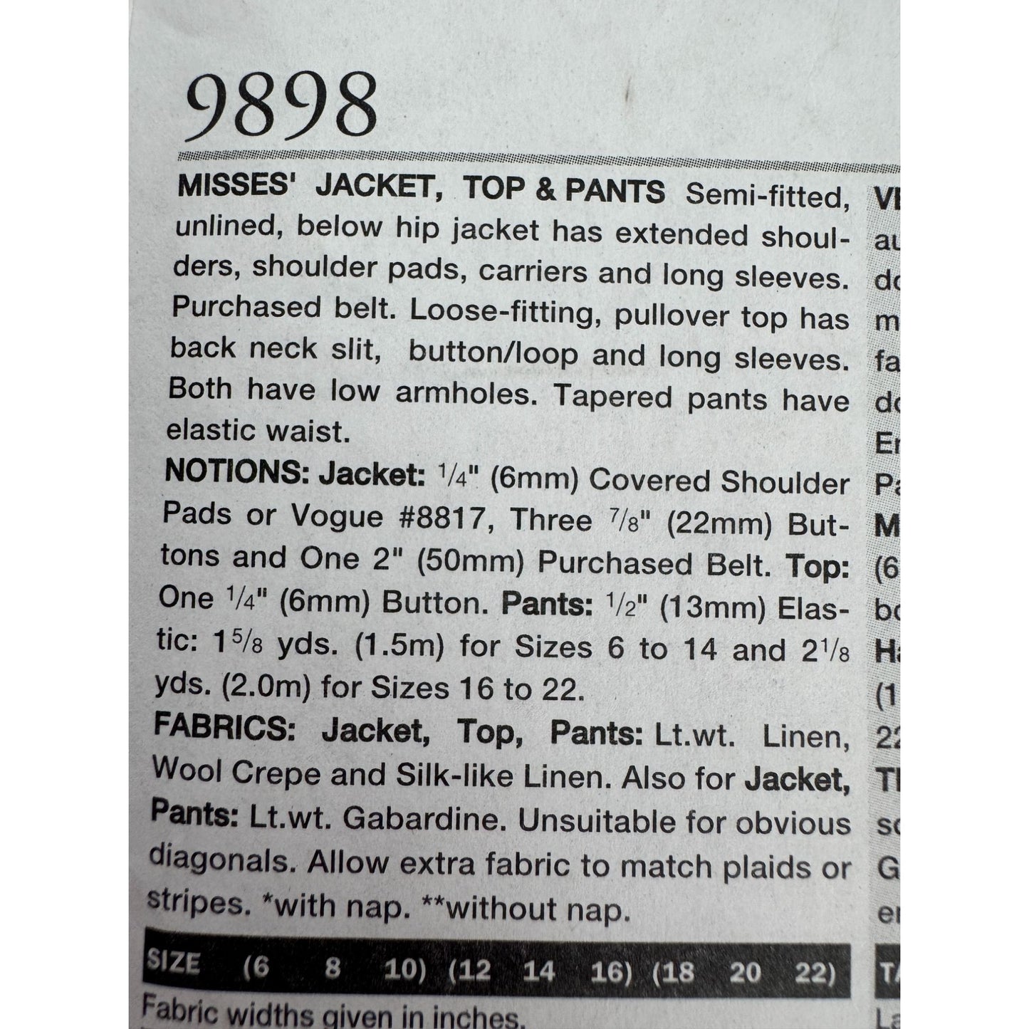 Vogue Sewing Pattern 9898 Misses Jacket Top Pants Work Outfit Size 6 8 10 Uncut