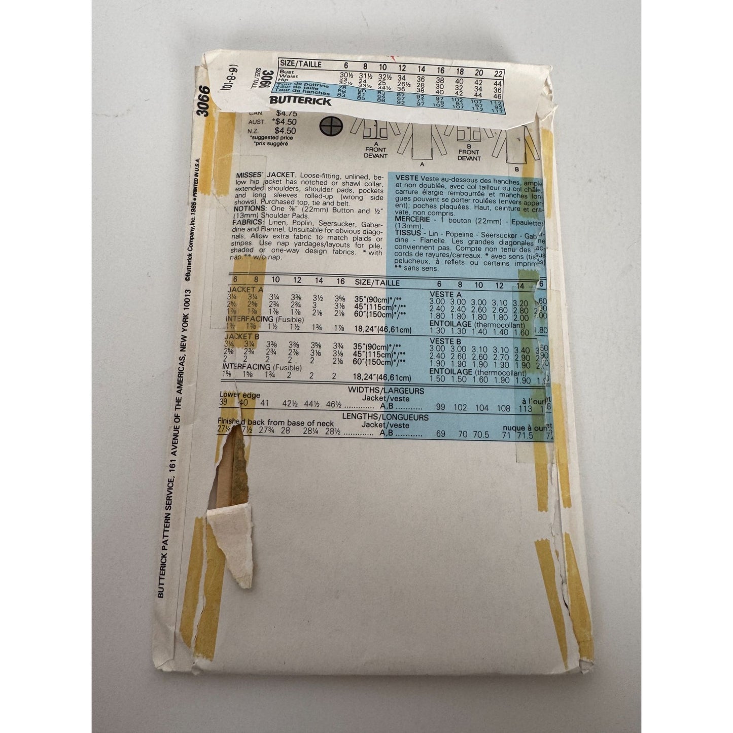 Butterick Sewing Pattern 3066 Blazer Jacket Work 1980s Fall 6 8 10 UC