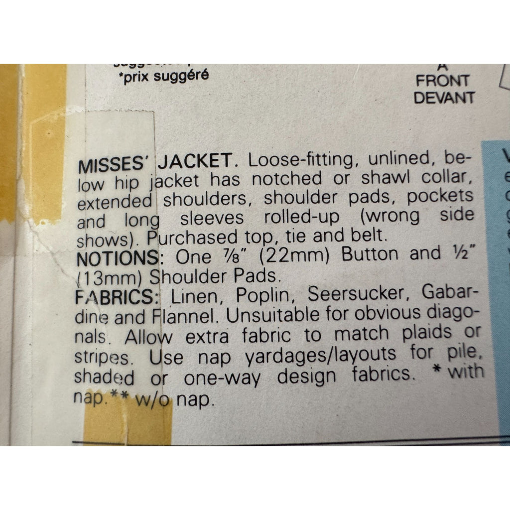 Butterick Sewing Pattern 3066 Blazer Jacket Work 1980s Fall 6 8 10 UC