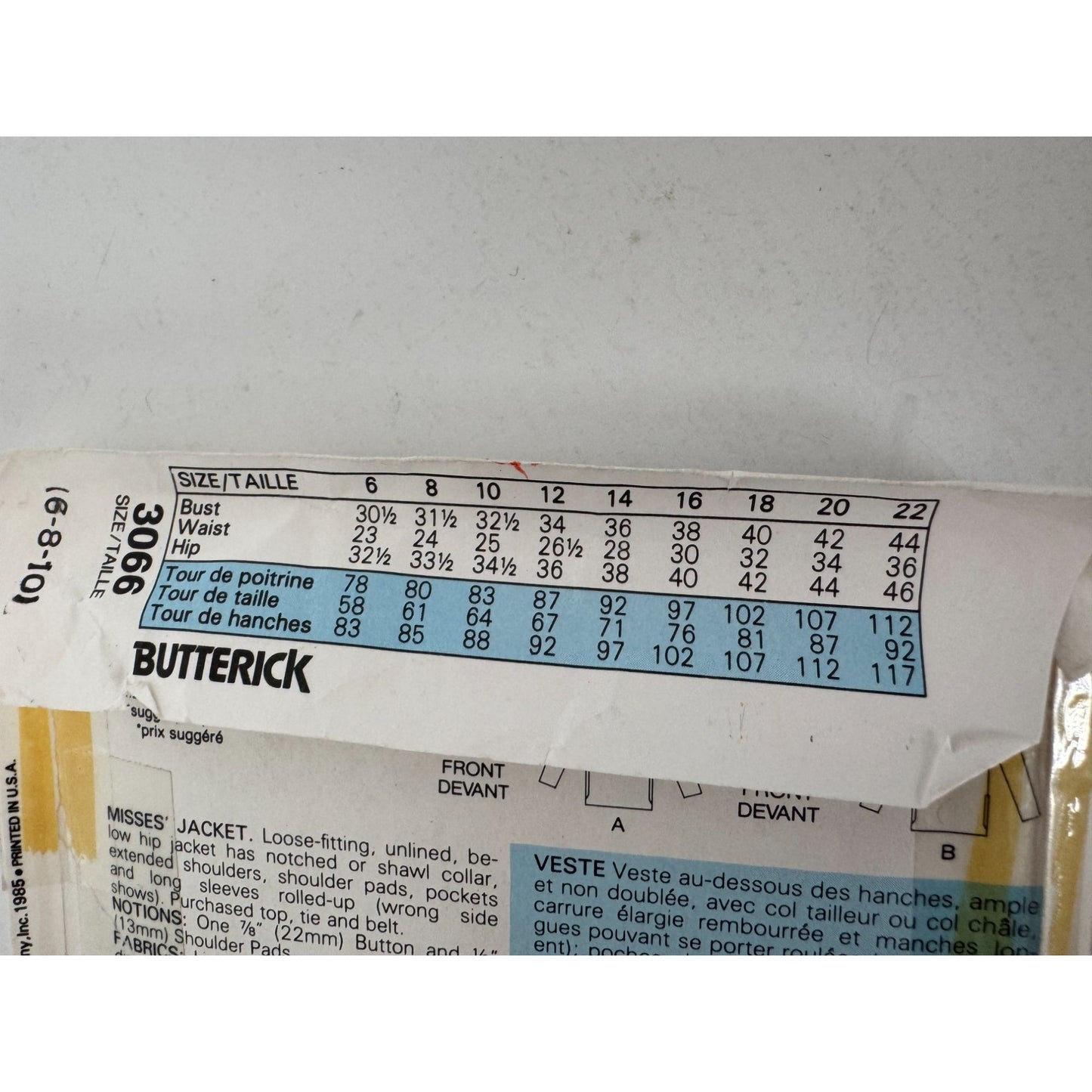 Butterick Sewing Pattern 3066 Blazer Jacket Work 1980s Fall 6 8 10 UC