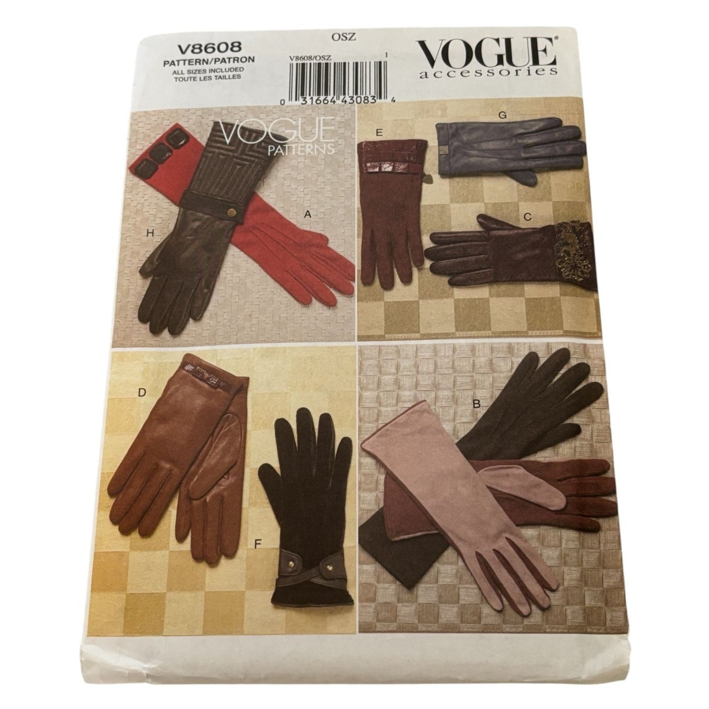 Vogue Sewing Pattern V8608 Accessories Gloves Unlined S M L Winter Driving Uncut