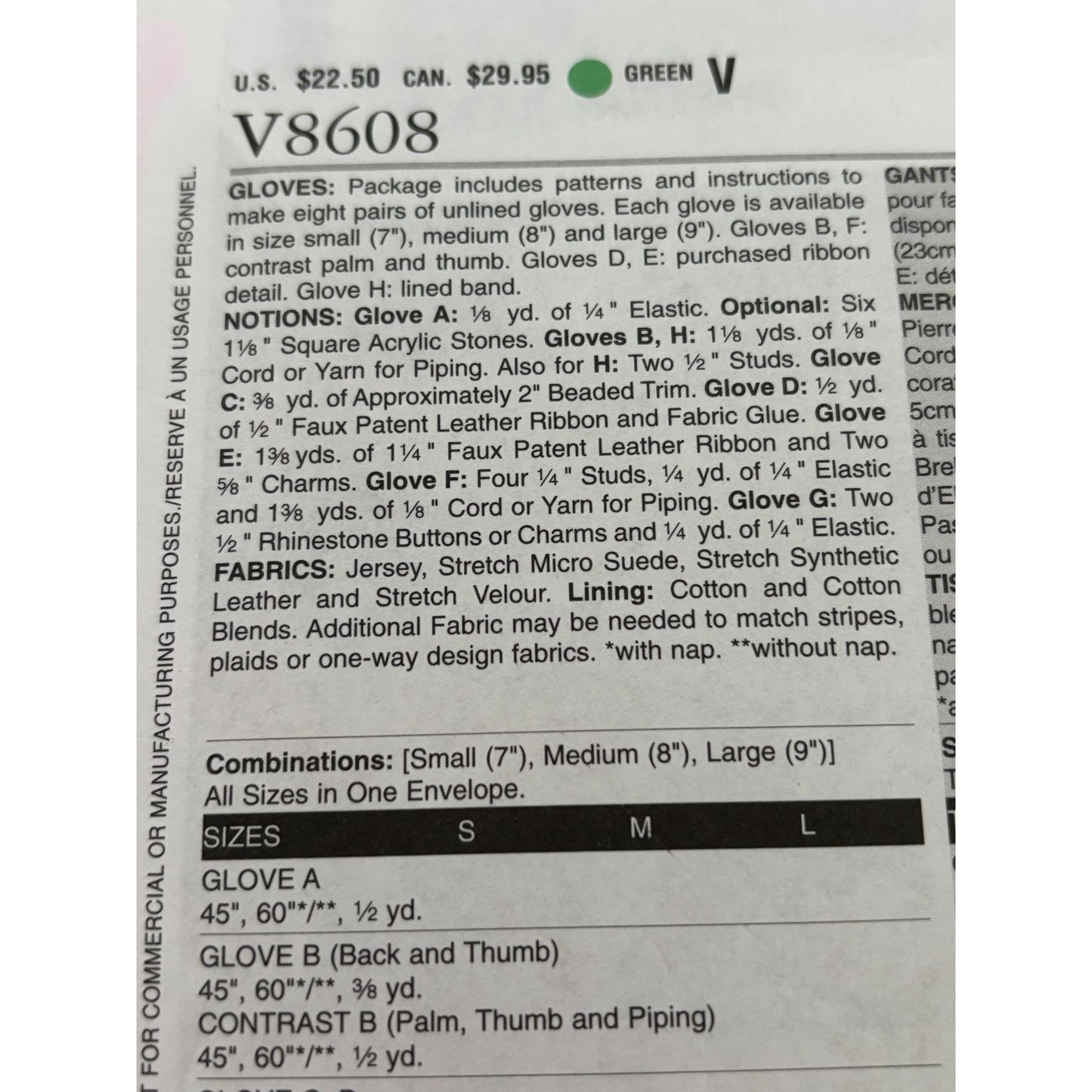 Vogue Sewing Pattern V8608 Accessories Gloves Unlined S M L Winter Driving Uncut